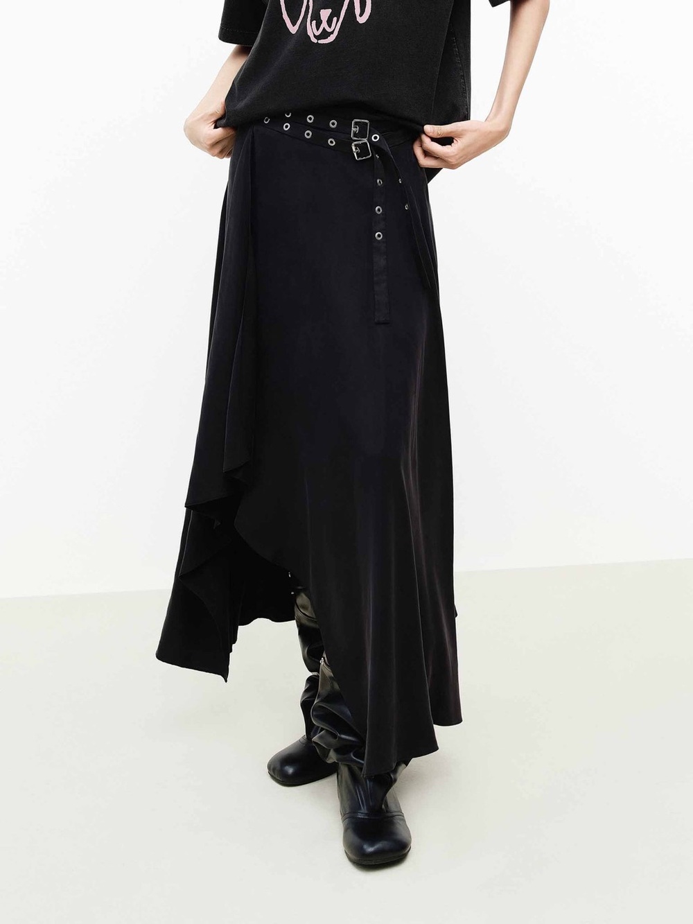 MO&Co. Asymmetrical Midi Flowy Skirt Black Cupro Blend M - Picture 3 of 10